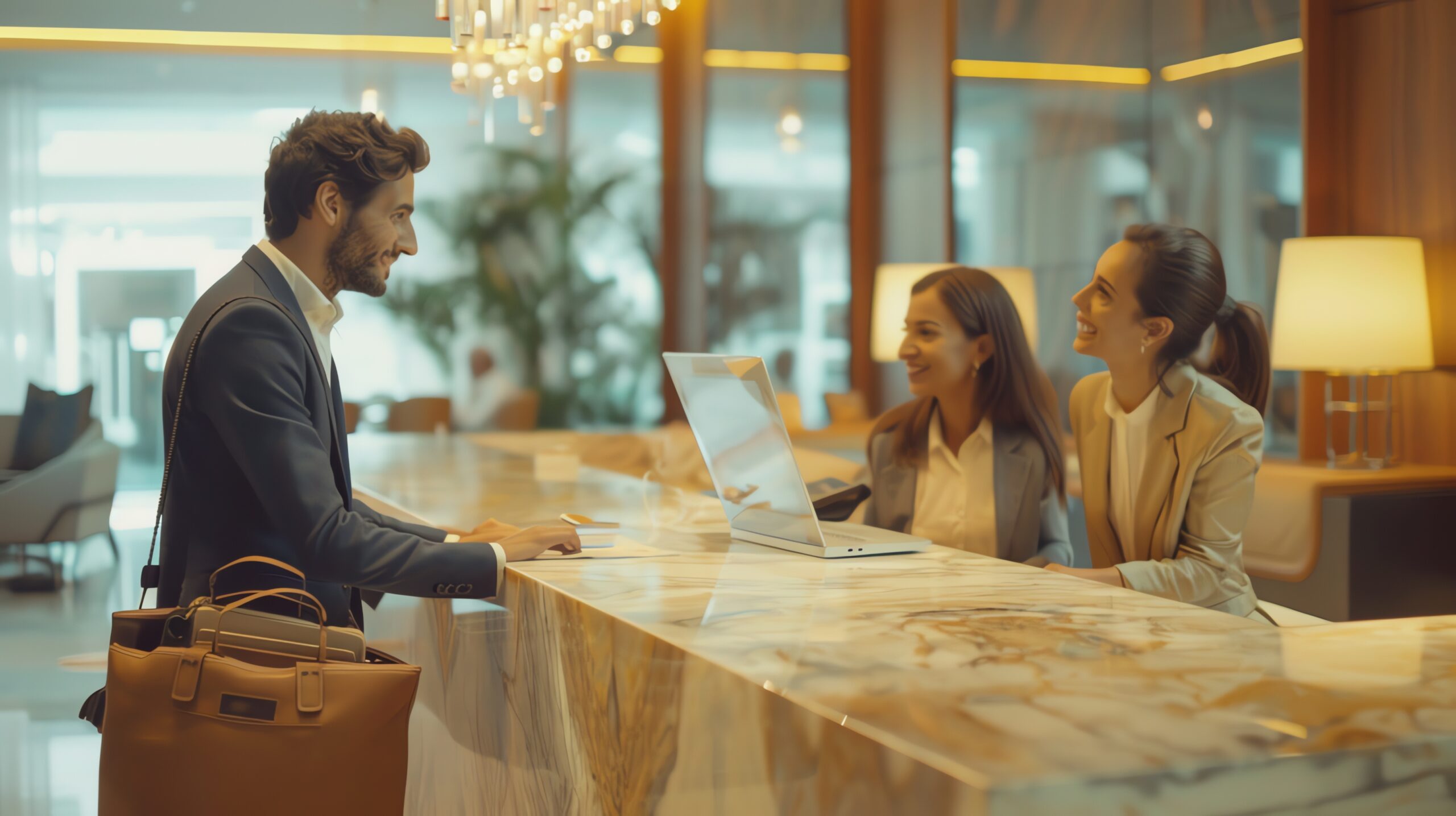 businessman-checking-hotel-reception-desk-talking-two-smiling-female-staff